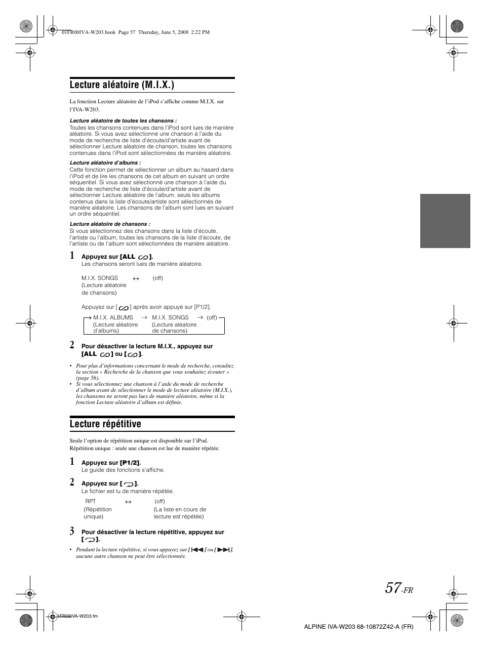 Lecture aléatoire (m.i.x.), Lecture répétitive | Alpine IVA-W203 User Manual | Page 137 / 240