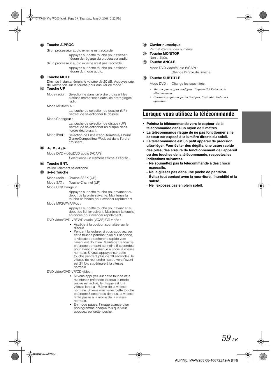 Lorsque vous utilisez la télécommande | Alpine IVA-W203 User Manual | Page 139 / 240