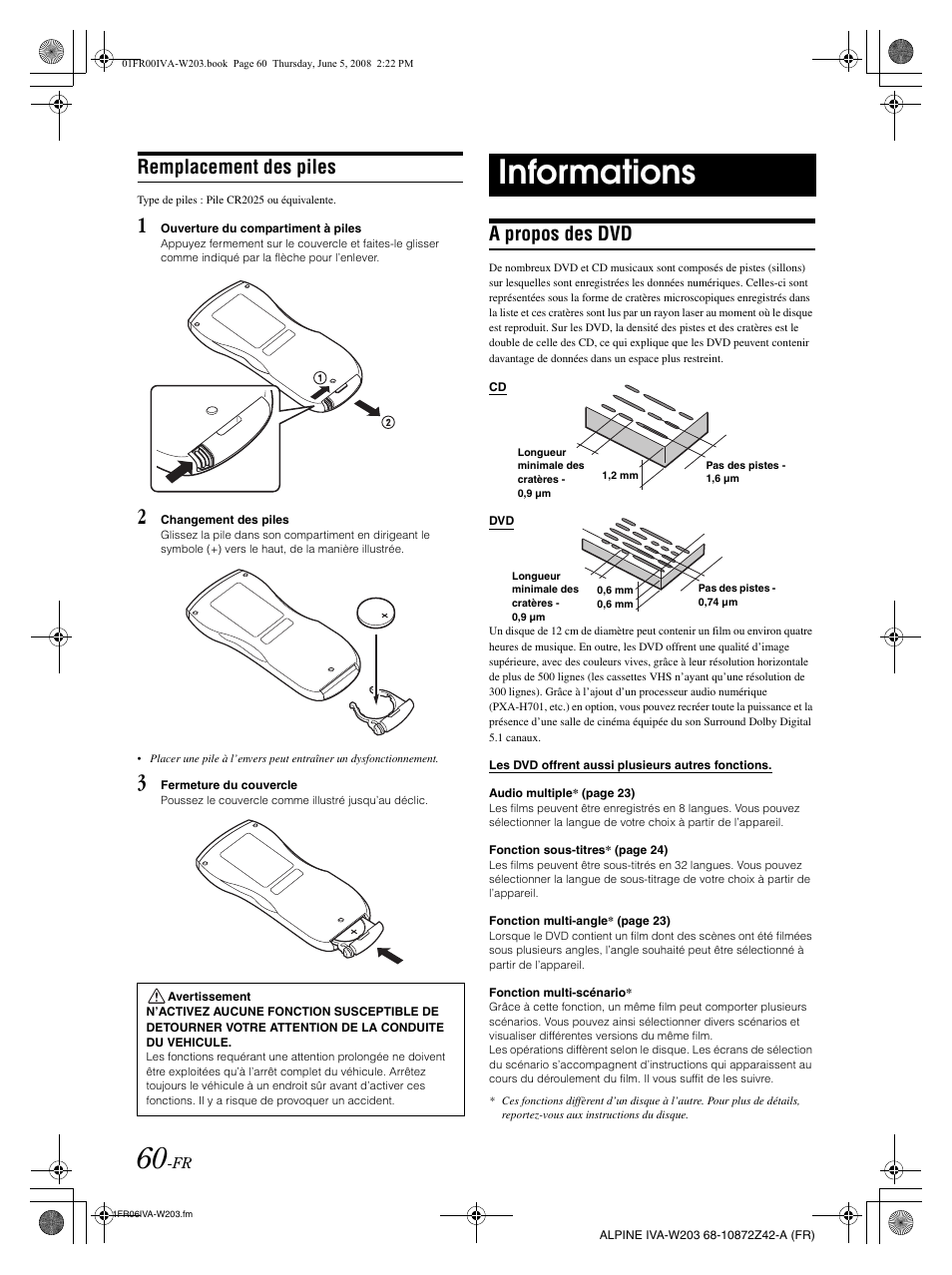 Informations, Remplacement des piles, A propos des dvd | Alpine IVA-W203 User Manual | Page 140 / 240