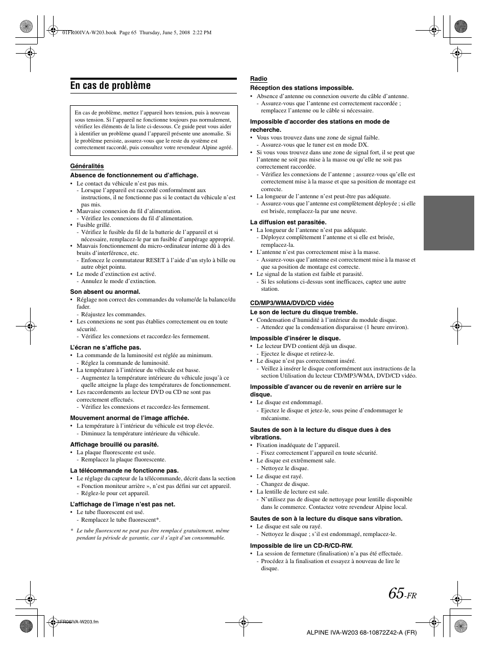 En cas de problème | Alpine IVA-W203 User Manual | Page 145 / 240