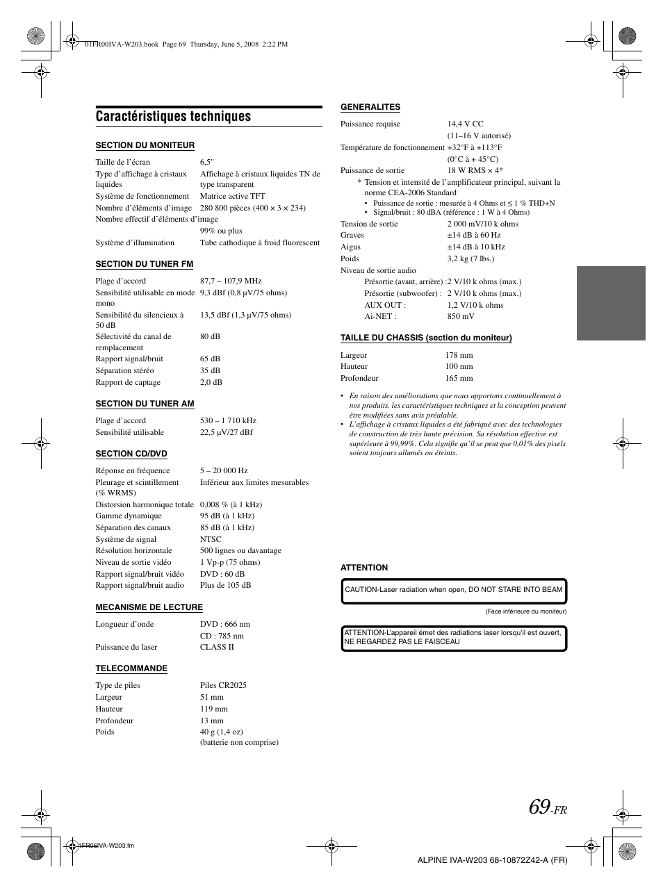 Caractéristiques techniques | Alpine IVA-W203 User Manual | Page 149 / 240