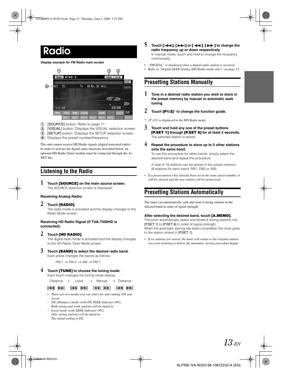 Radio, Listening to the radio, Presetting stations manually | Presetting stations automatically | Alpine IVA-W203 User Manual | Page 15 / 240