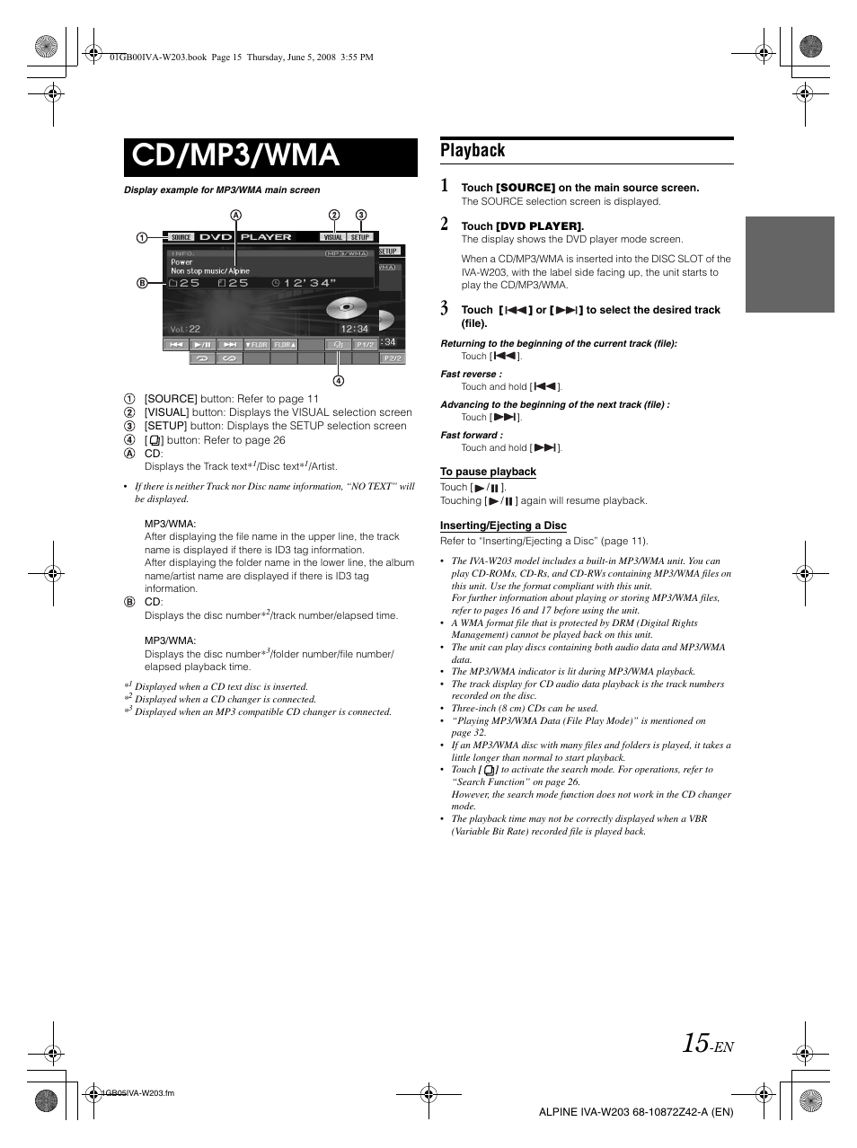 Cd/mp3/wma, Playback | Alpine IVA-W203 User Manual | Page 17 / 240