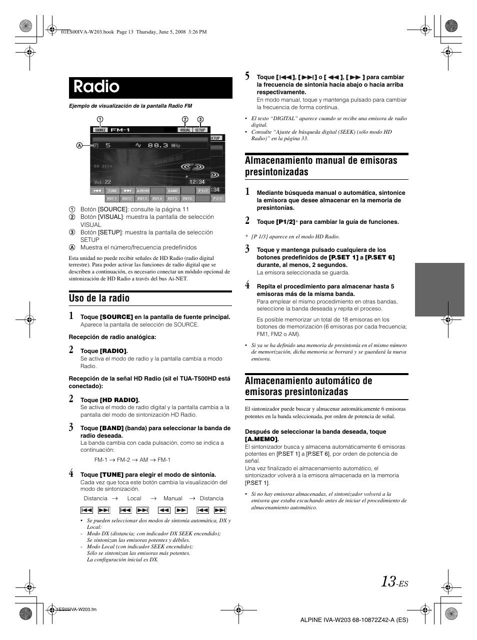 Radio, Uso de la radio, Almacenamiento manual de emisoras presintonizadas | Alpine IVA-W203 User Manual | Page 171 / 240