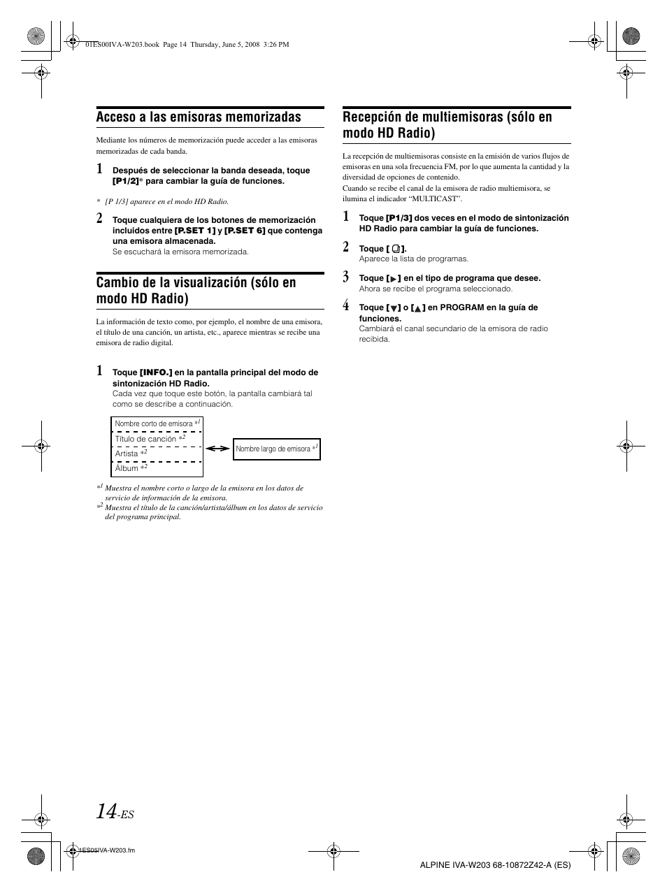 Cambio de la visualización (sólo en modo hd radio), Recepción de multiemisoras (sólo en modo hd radio) | Alpine IVA-W203 User Manual | Page 172 / 240