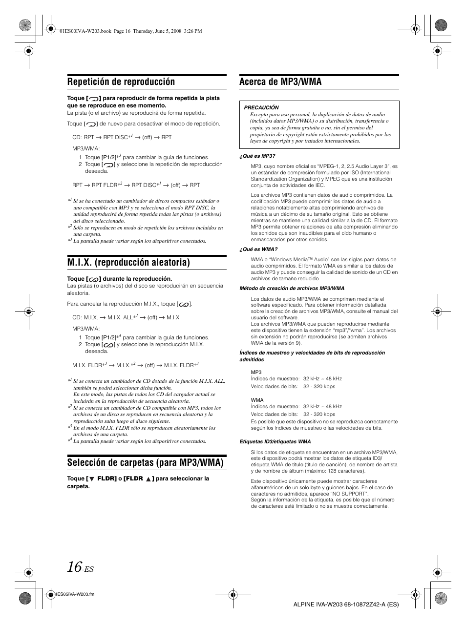 Repetición de reproducción, M.i.x. (reproducción aleatoria), Selección de carpetas (para mp3/wma) | Acerca de mp3/wma | Alpine IVA-W203 User Manual | Page 174 / 240