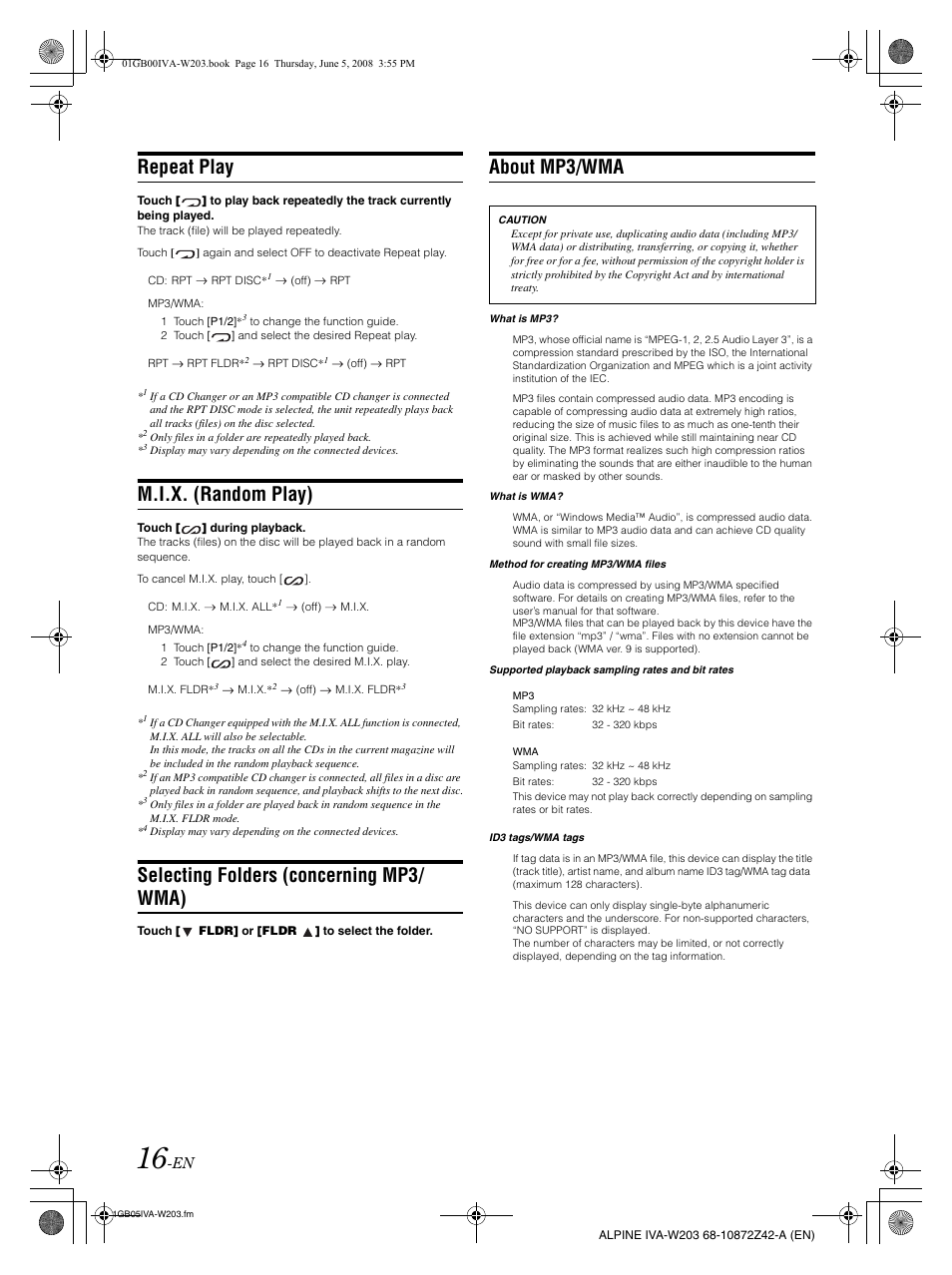 Repeat play, M.i.x. (random play), Selecting folders (concerning mp3/ wma) | About mp3/wma | Alpine IVA-W203 User Manual | Page 18 / 240