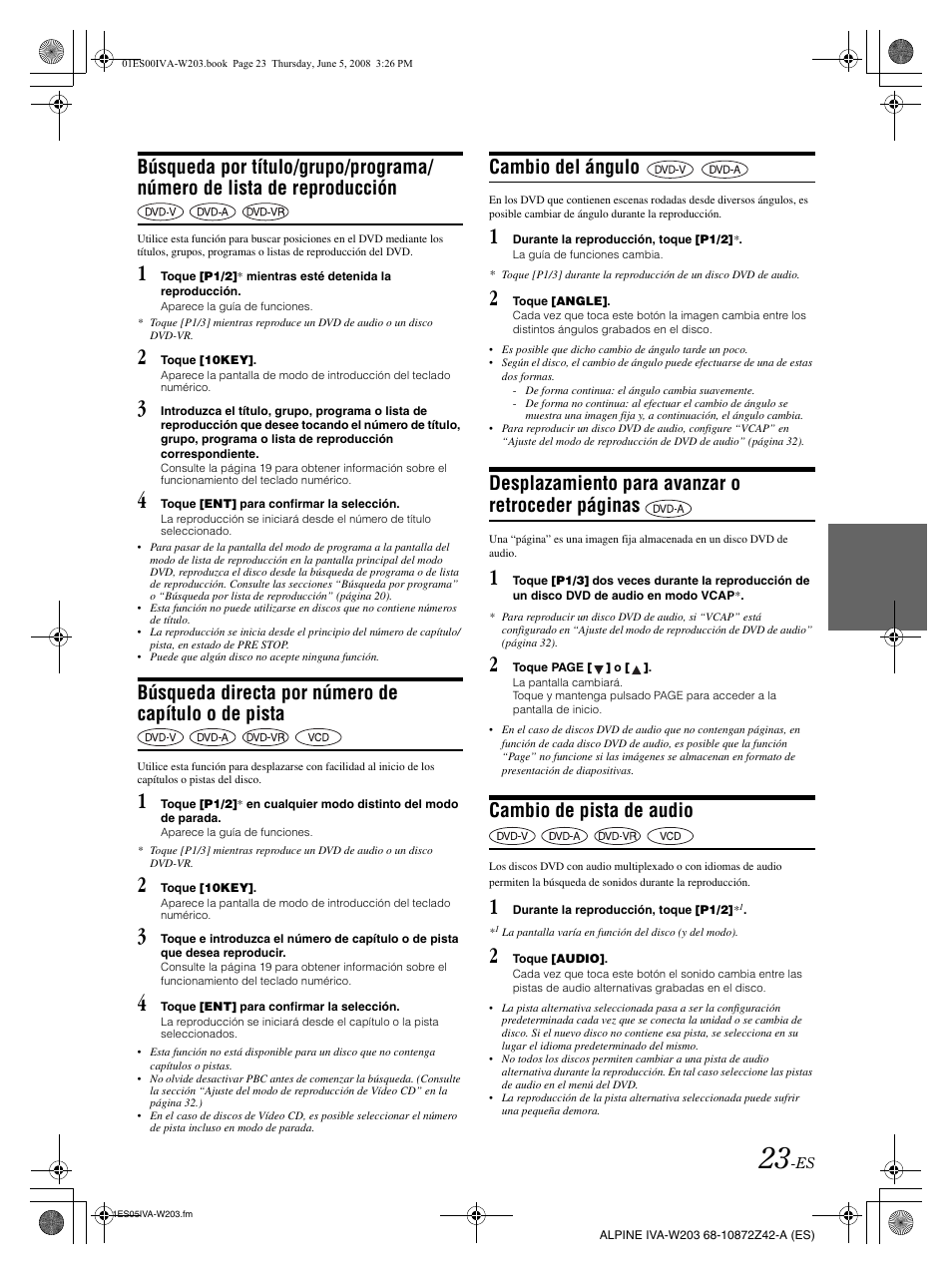 Búsqueda directa por número de capítulo o de pista, Cambio del ángulo, Desplazamiento para avanzar o retroceder páginas | Cambio de pista de audio | Alpine IVA-W203 User Manual | Page 181 / 240