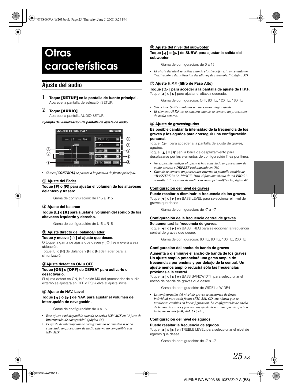 Otras características, Ajuste del audio | Alpine IVA-W203 User Manual | Page 183 / 240