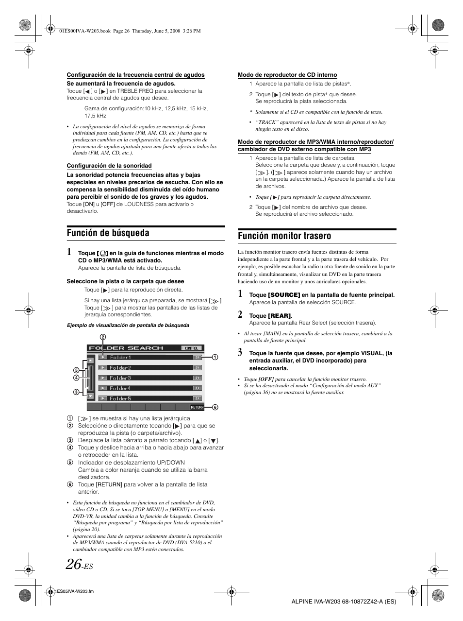 Función de búsqueda, Función monitor trasero | Alpine IVA-W203 User Manual | Page 184 / 240