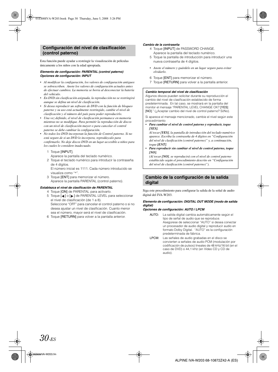 Cambio de la configuración de la salida digital | Alpine IVA-W203 User Manual | Page 188 / 240