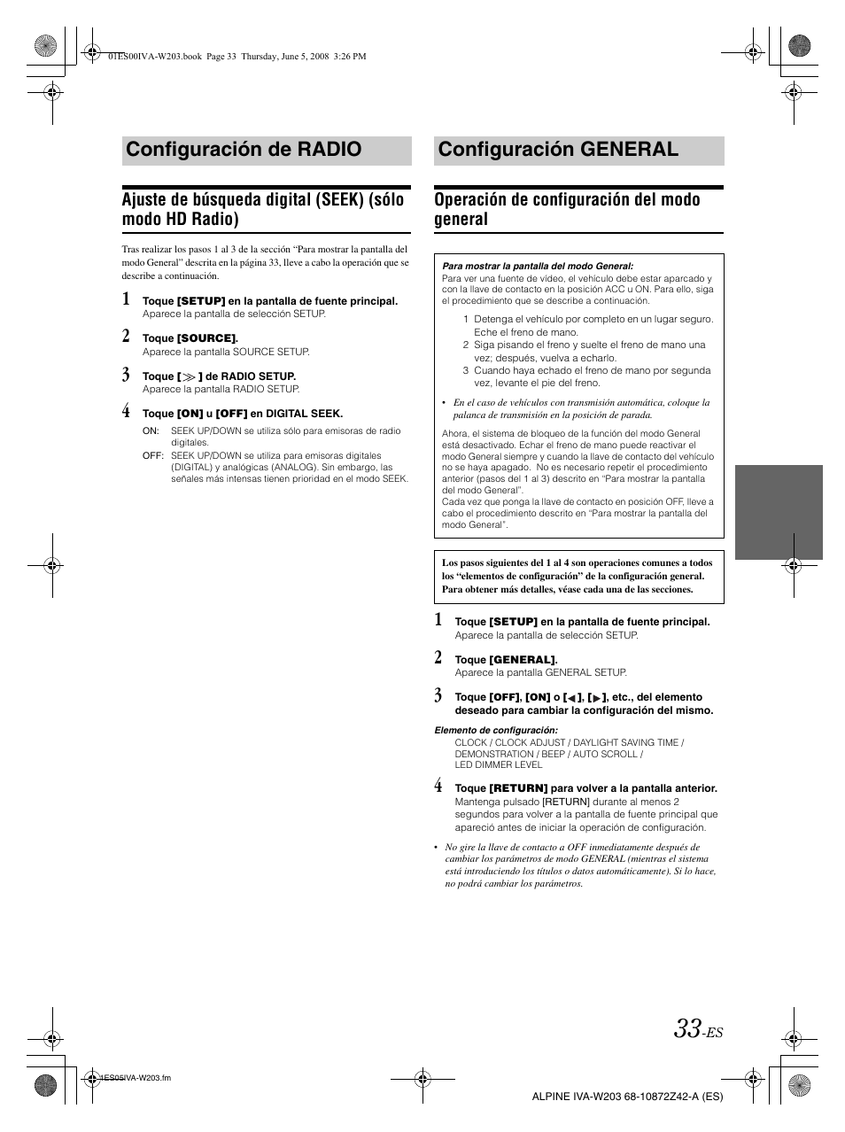 Configuración de radio, Configuración general, Operación de configuración del modo general | Alpine IVA-W203 User Manual | Page 191 / 240