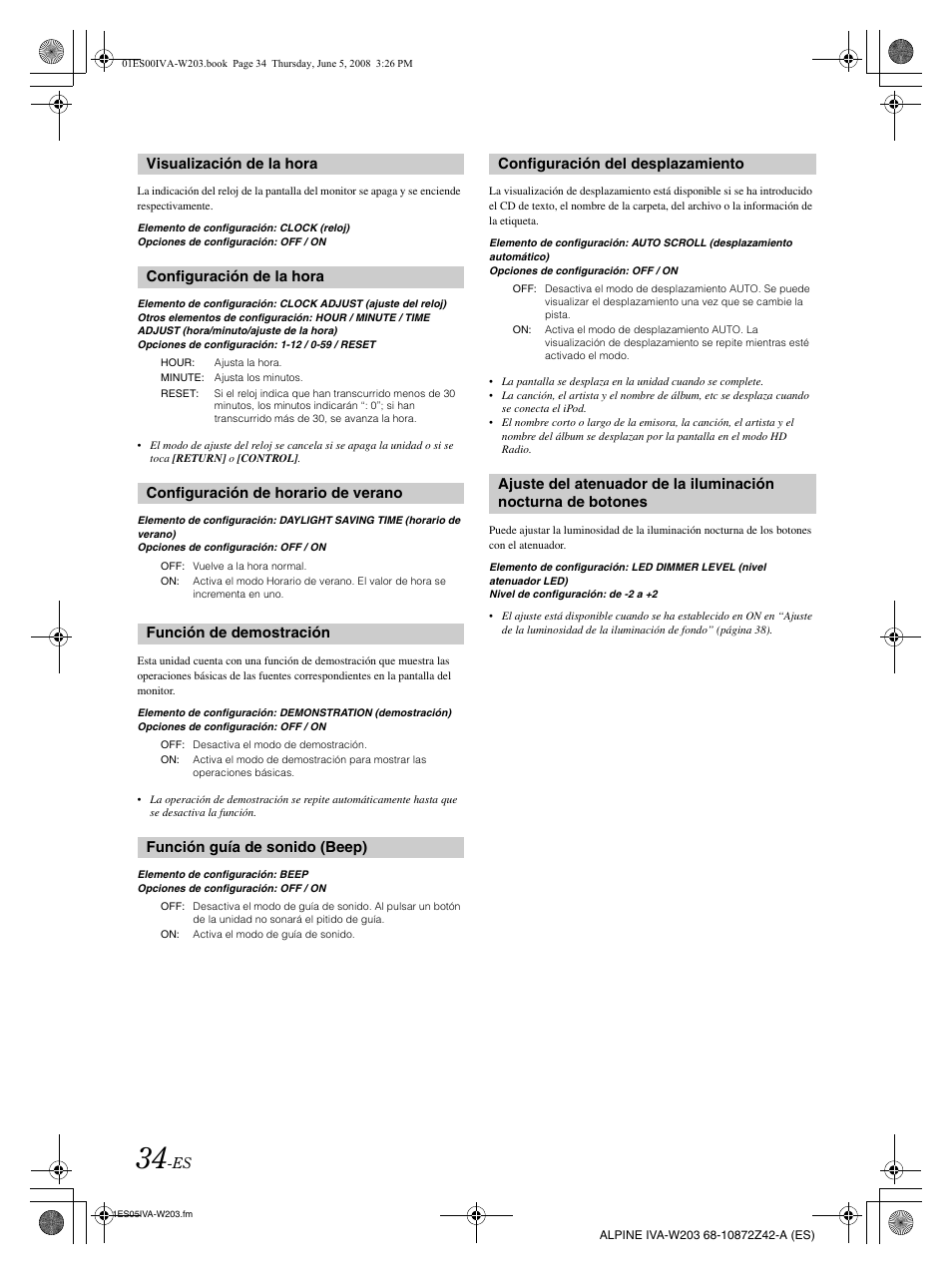 Visualización de la hora configuración de la hora, Configuración de horario de verano, Función de demostración | Función guía de sonido (beep), Configuración del desplazamiento | Alpine IVA-W203 User Manual | Page 192 / 240