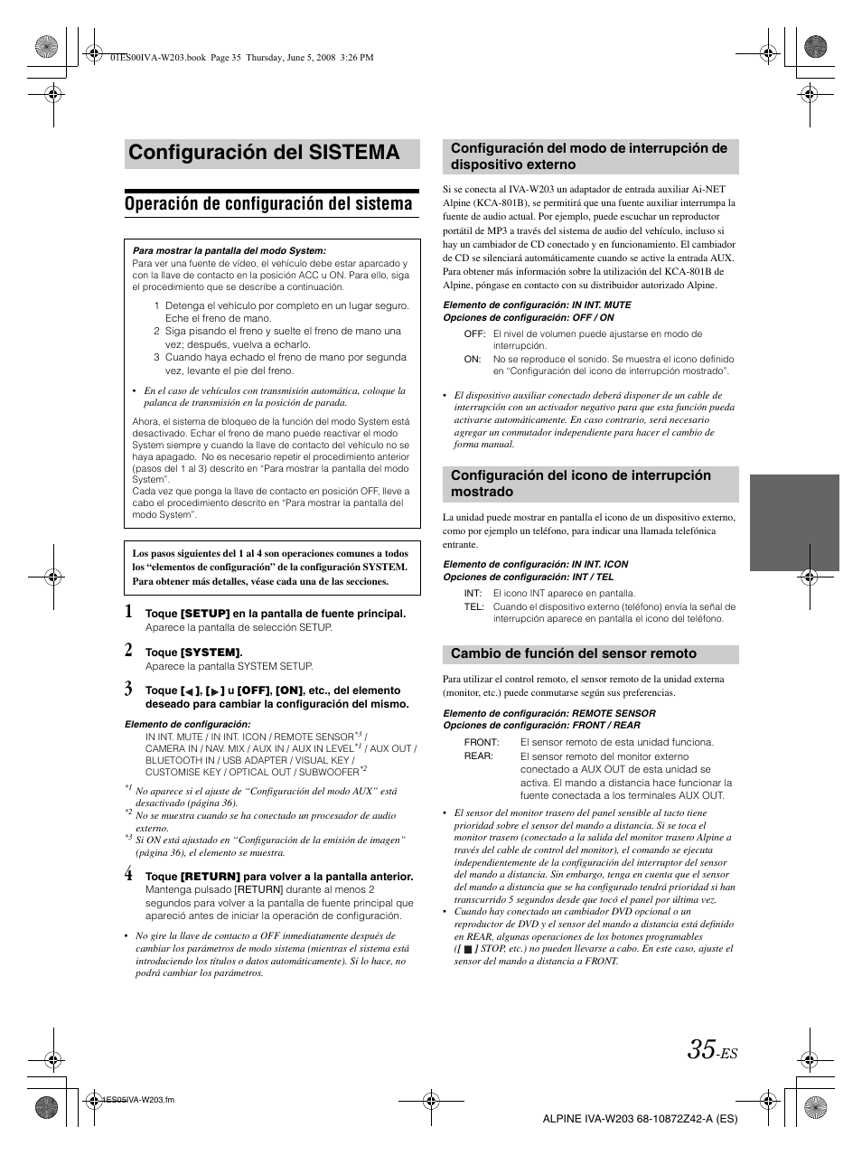 Configuración del sistema, Operación de configuración del sistema | Alpine IVA-W203 User Manual | Page 193 / 240