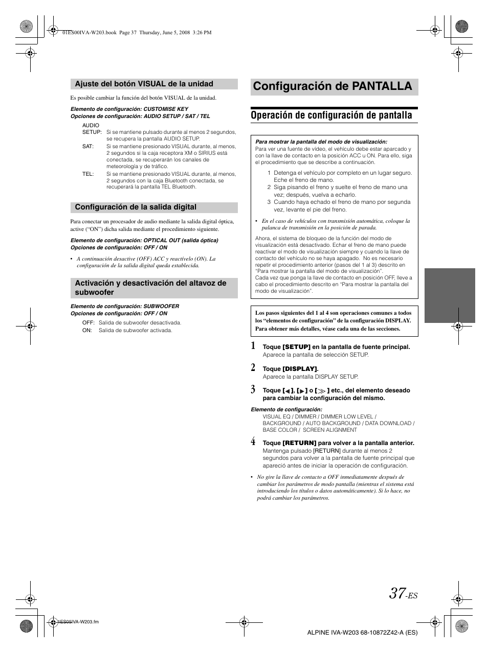 Configuración de pantalla, Operación de configuración de pantalla | Alpine IVA-W203 User Manual | Page 195 / 240