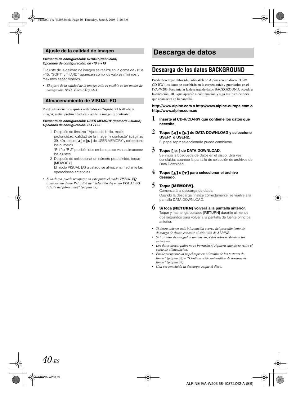 Descarga de datos, Descarga de los datos background | Alpine IVA-W203 User Manual | Page 198 / 240