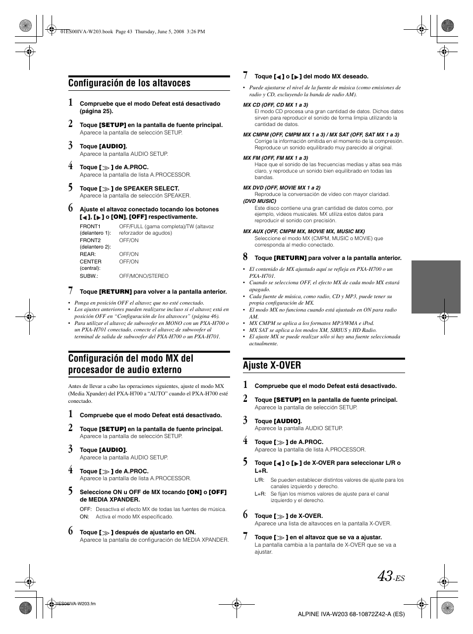 Configuración de los altavoces, Ajuste x-over | Alpine IVA-W203 User Manual | Page 201 / 240