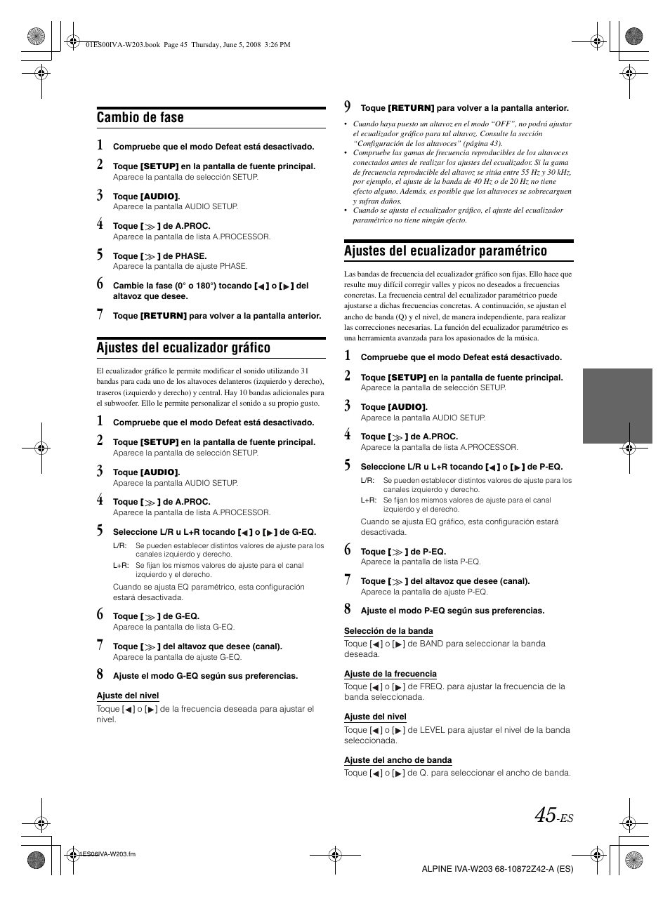 Cambio de fase, Ajustes del ecualizador gráfico, Ajustes del ecualizador paramétrico | Alpine IVA-W203 User Manual | Page 203 / 240