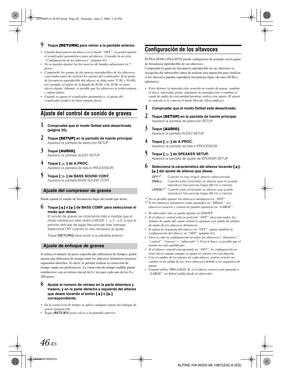 Ajuste del control de sonido de graves, Configuración de los altavoces | Alpine IVA-W203 User Manual | Page 204 / 240