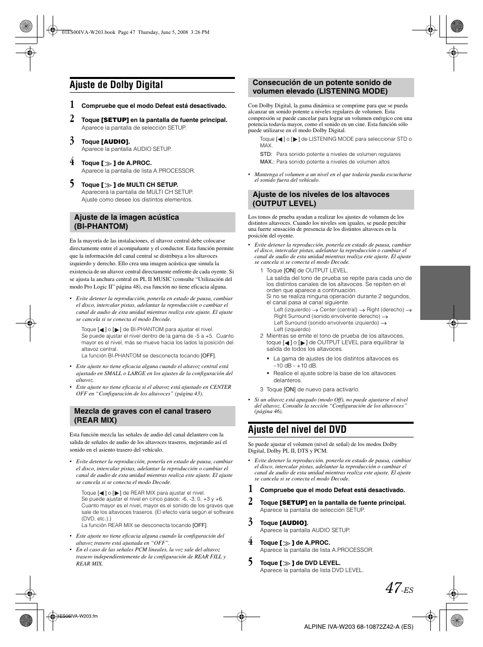 Ajuste de dolby digital, Ajuste del nivel del dvd | Alpine IVA-W203 User Manual | Page 205 / 240