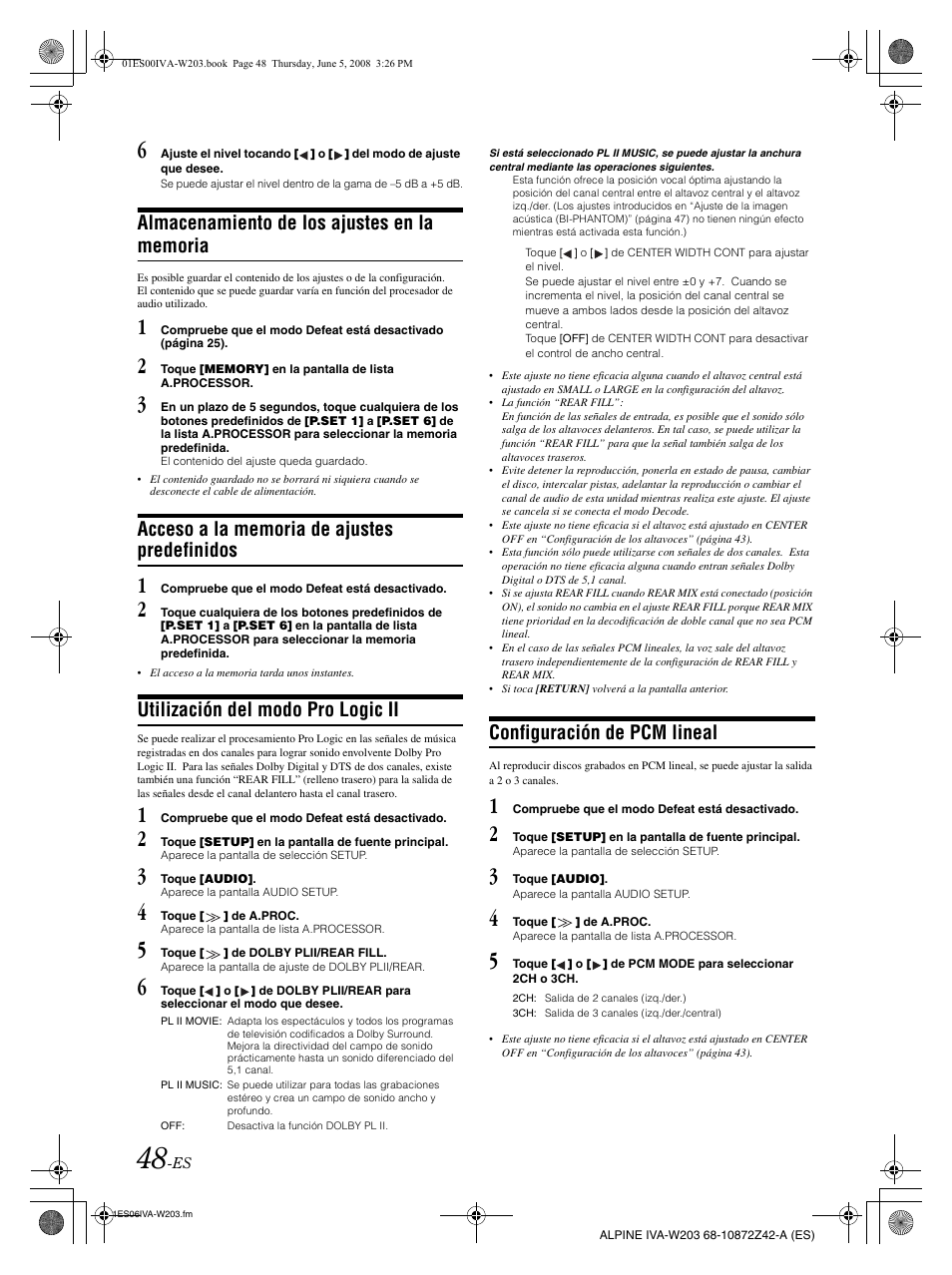 Utilización del modo pro logic ii, Configuración de pcm lineal | Alpine IVA-W203 User Manual | Page 206 / 240