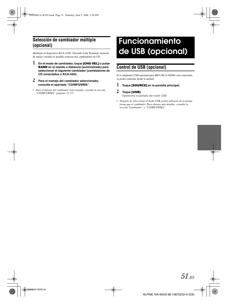 Funcionamiento de usb (opcional) | Alpine IVA-W203 User Manual | Page 209 / 240