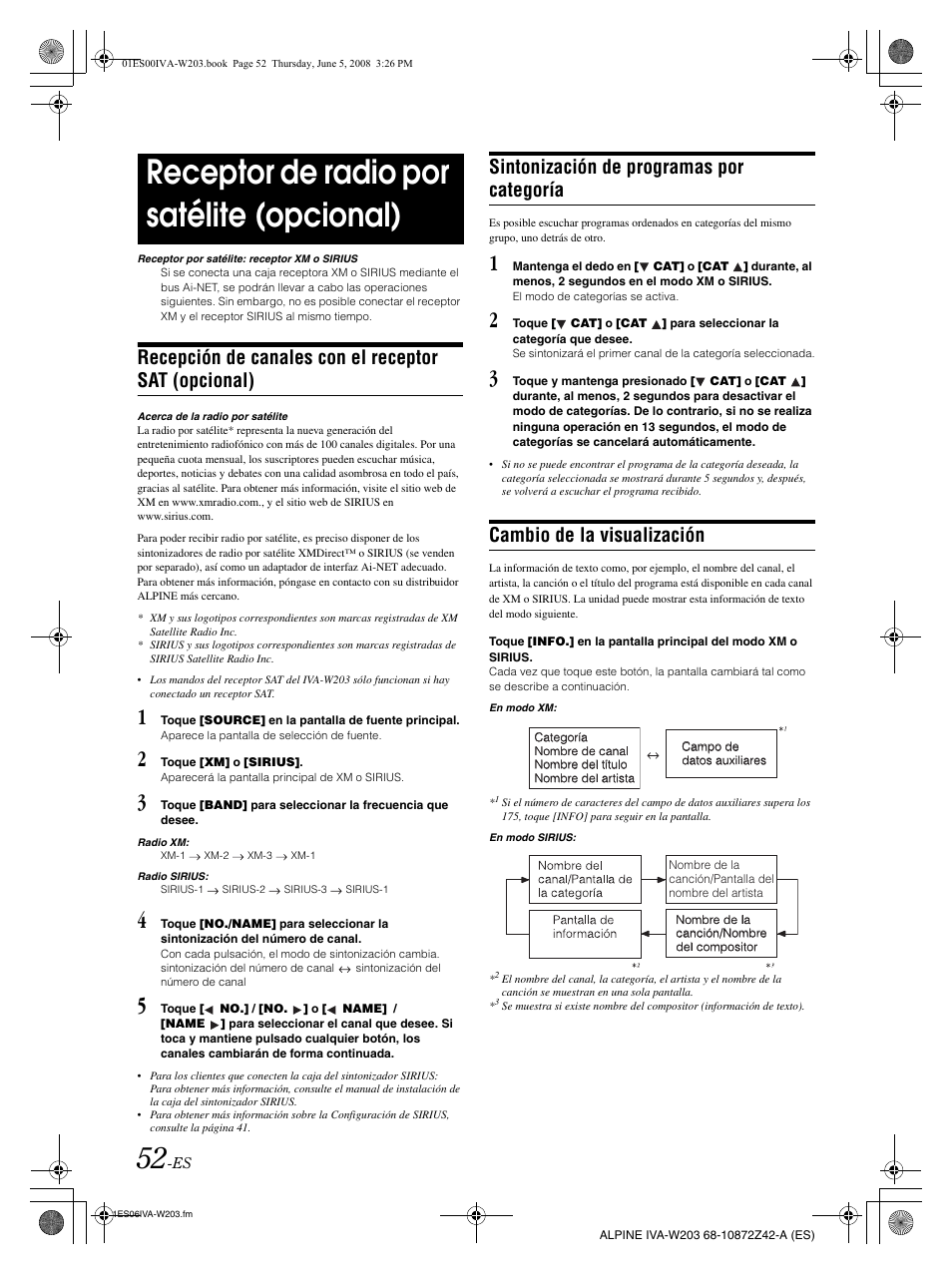 Receptor de radio por satélite (opcional), Sintonización de programas por categoría, Cambio de la visualización | Alpine IVA-W203 User Manual | Page 210 / 240