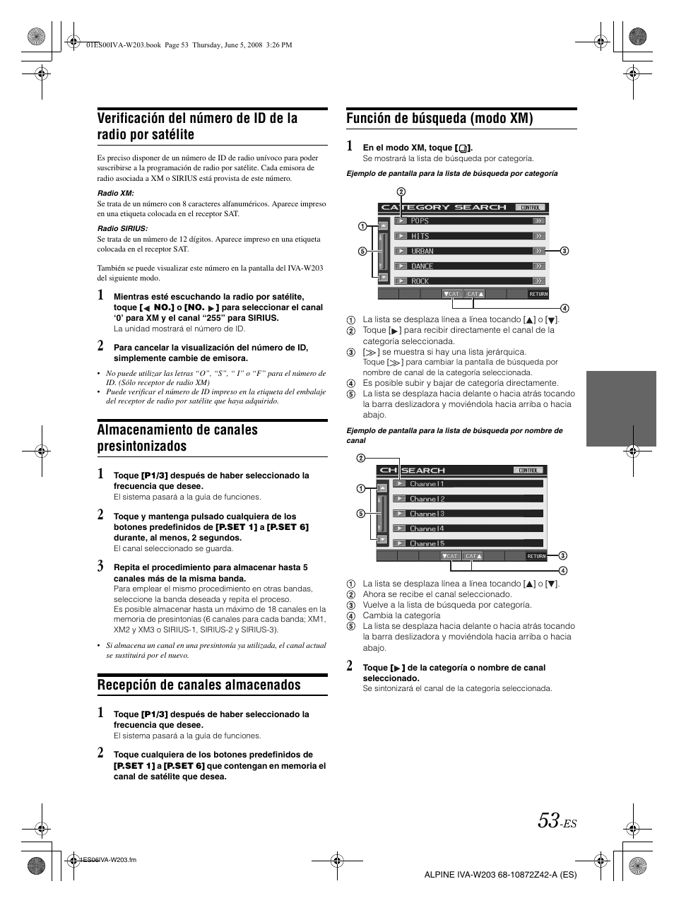 Almacenamiento de canales presintonizados, Recepción de canales almacenados, Función de búsqueda (modo xm) | Alpine IVA-W203 User Manual | Page 211 / 240