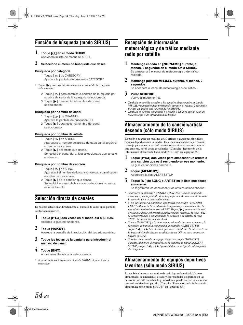 Función de búsqueda (modo sirius), Selección directa de canales | Alpine IVA-W203 User Manual | Page 212 / 240