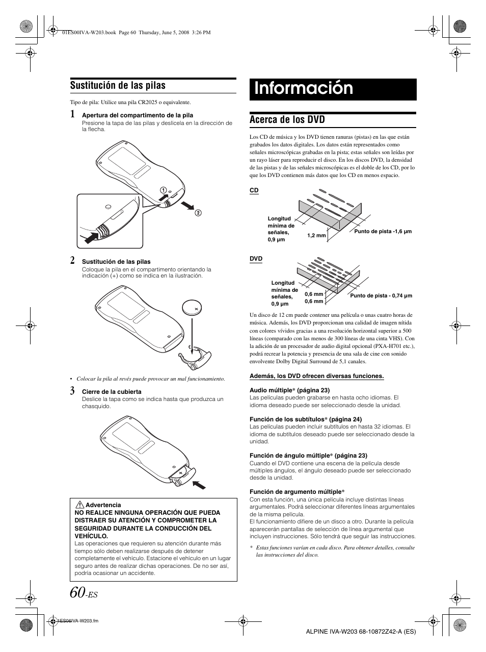 Información, Sustitución de las pilas, Acerca de los dvd | Alpine IVA-W203 User Manual | Page 218 / 240