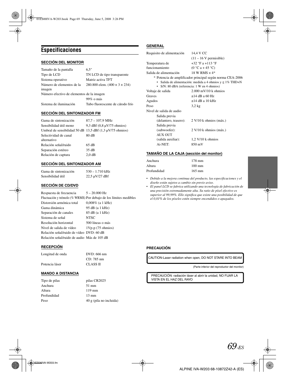 Especificaciones | Alpine IVA-W203 User Manual | Page 227 / 240