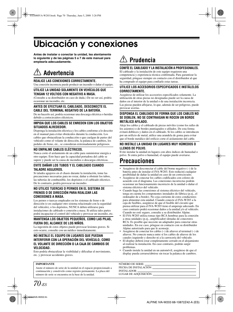 Ubicación y conexiones, Advertencia, Prudencia | Precauciones | Alpine IVA-W203 User Manual | Page 228 / 240