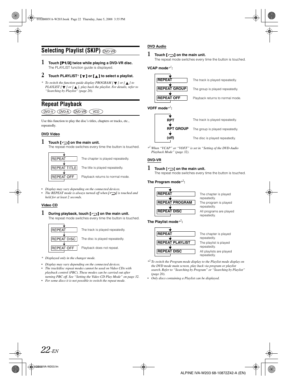 Selecting playlist (skip), Repeat playback | Alpine IVA-W203 User Manual | Page 24 / 240