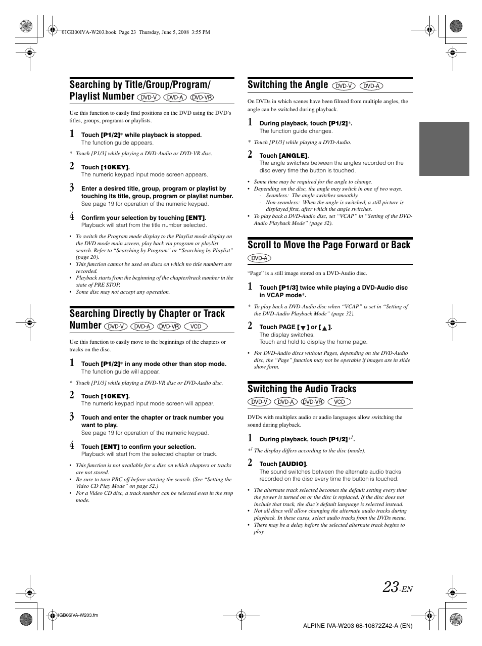 Searching by title/group/program/ playlist number, Searching directly by chapter or track number, Switching the angle | Scroll to move the page forward or back, Switching the audio tracks | Alpine IVA-W203 User Manual | Page 25 / 240