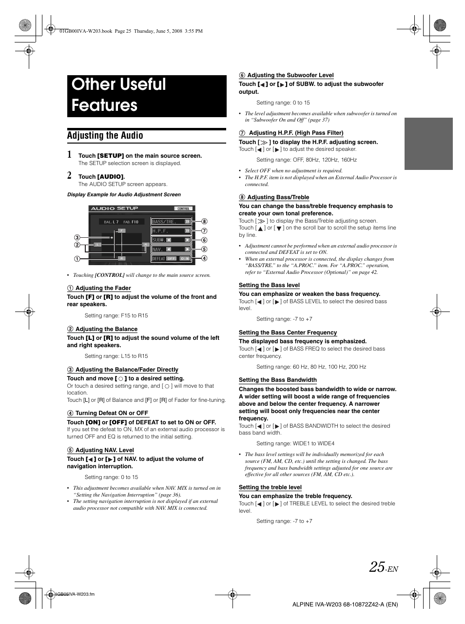 Other useful features, Adjusting the audio | Alpine IVA-W203 User Manual | Page 27 / 240