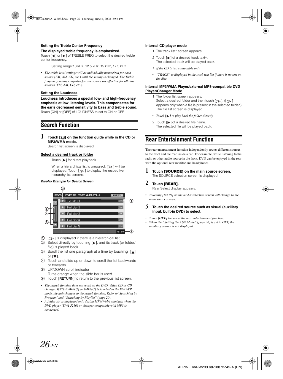 Search function, Rear entertainment function | Alpine IVA-W203 User Manual | Page 28 / 240