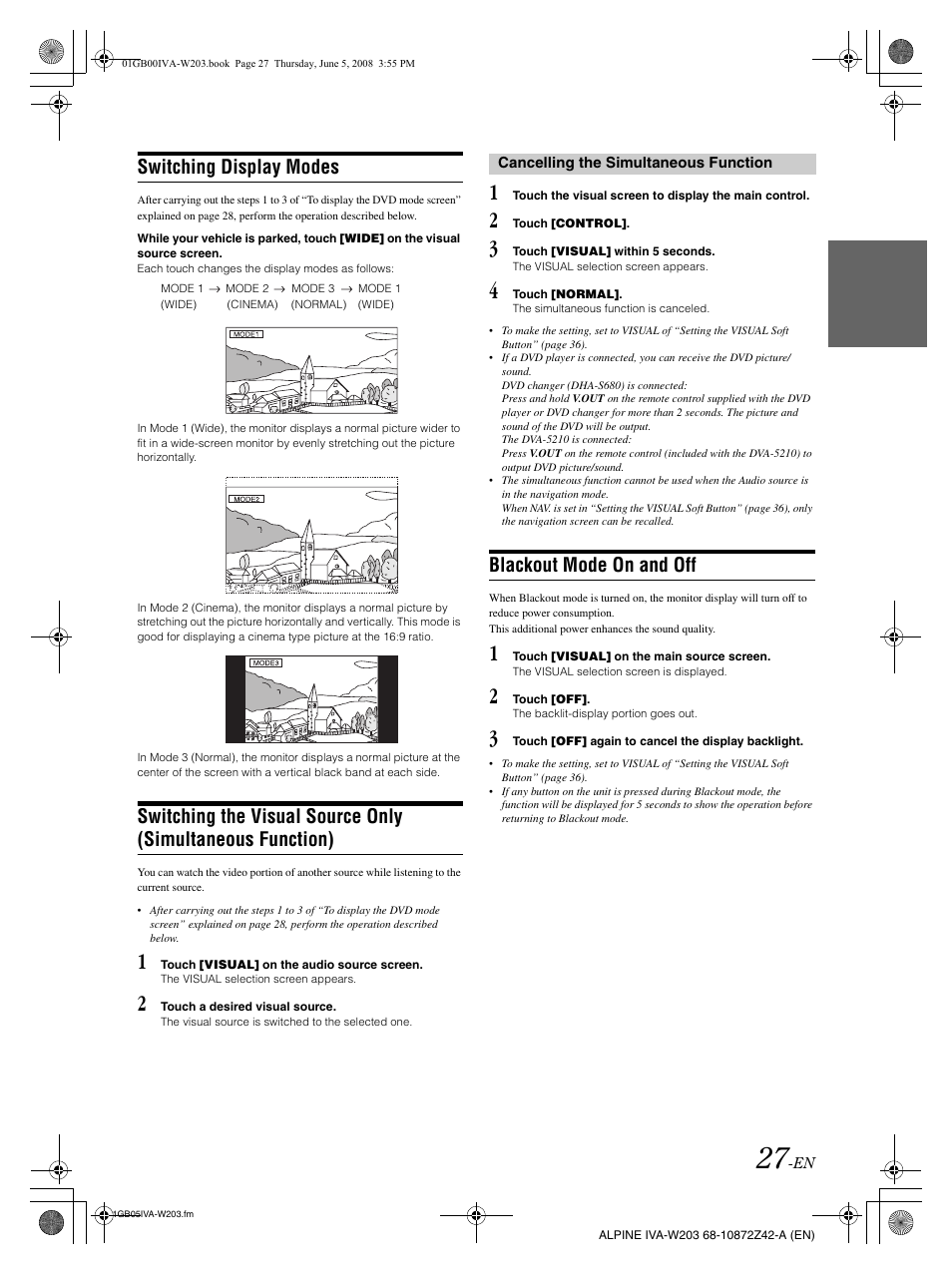 Switching display modes, Blackout mode on and off | Alpine IVA-W203 User Manual | Page 29 / 240