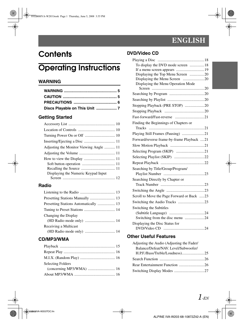 Contents operating instructions, English | Alpine IVA-W203 User Manual | Page 3 / 240