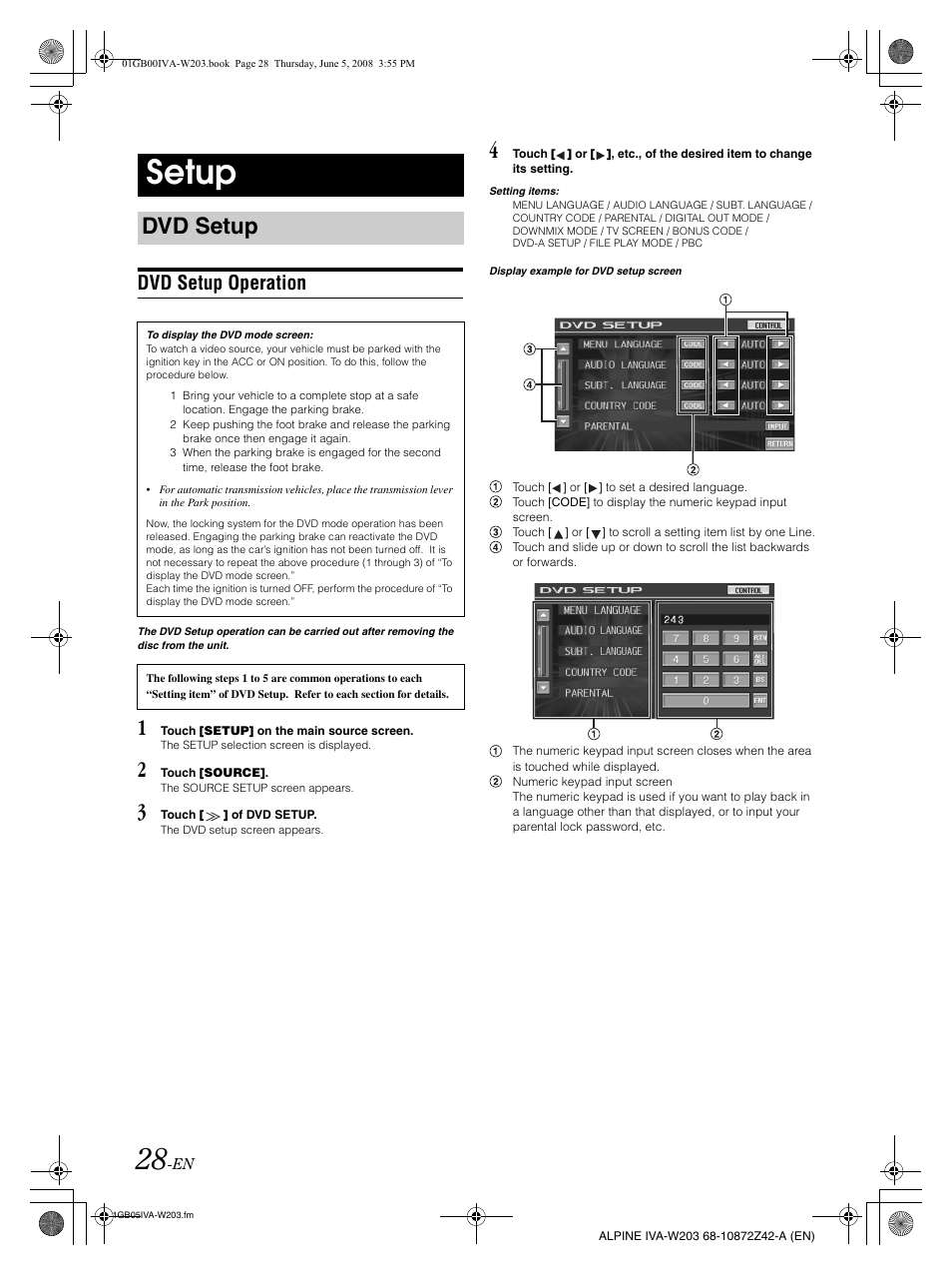 Setup, Dvd setup, Dvd setup operation | Alpine IVA-W203 User Manual | Page 30 / 240