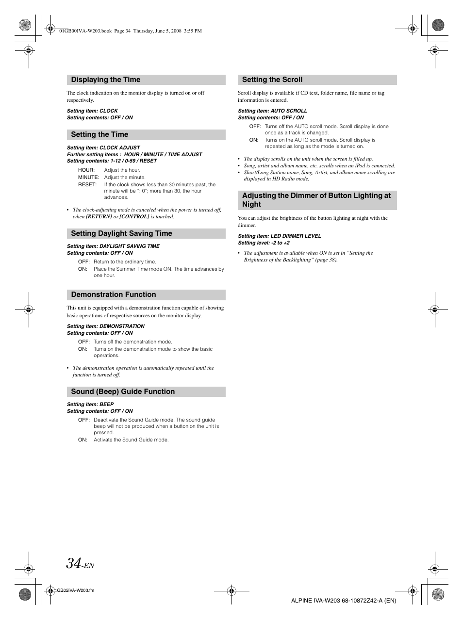 Displaying the time setting the time, Setting daylight saving time, Demonstration function | Sound (beep) guide function, Setting the scroll, Adjusting the dimmer of button lighting at night | Alpine IVA-W203 User Manual | Page 36 / 240