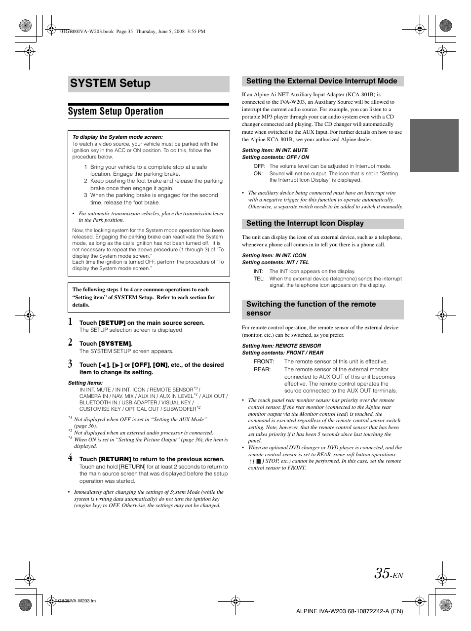 System setup, System setup operation | Alpine IVA-W203 User Manual | Page 37 / 240