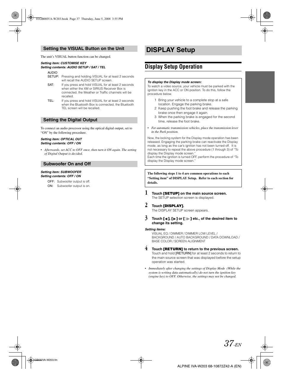 Display setup, Display setup operation | Alpine IVA-W203 User Manual | Page 39 / 240