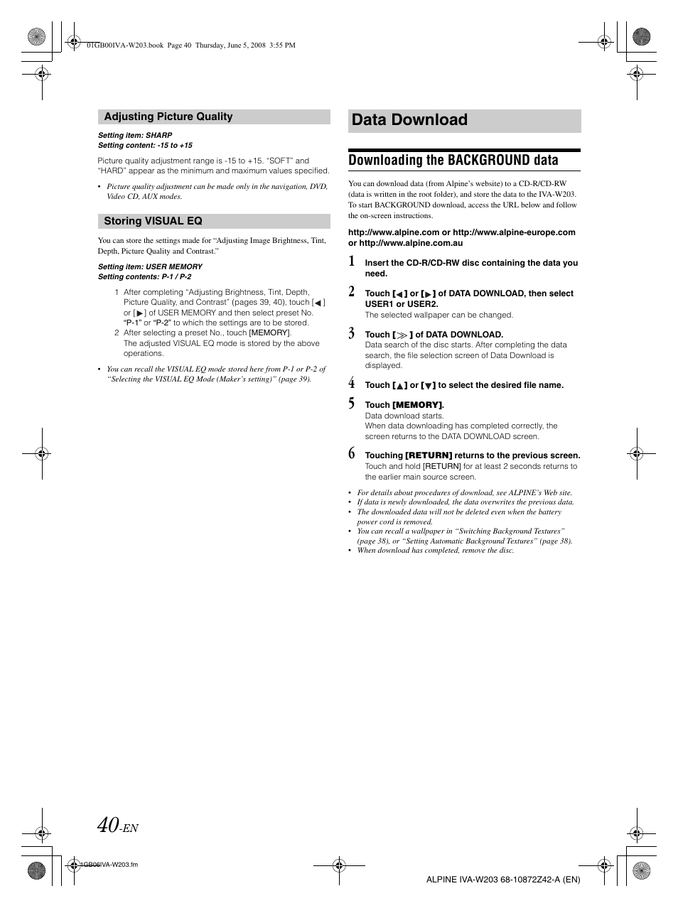 Data download, Downloading the background data | Alpine IVA-W203 User Manual | Page 42 / 240