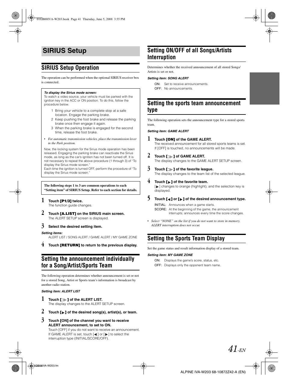 Sirius setup, Sirius setup operation, Setting on/off of all songs/artists interruption | Setting the sports team announcement type, Setting the sports team display | Alpine IVA-W203 User Manual | Page 43 / 240