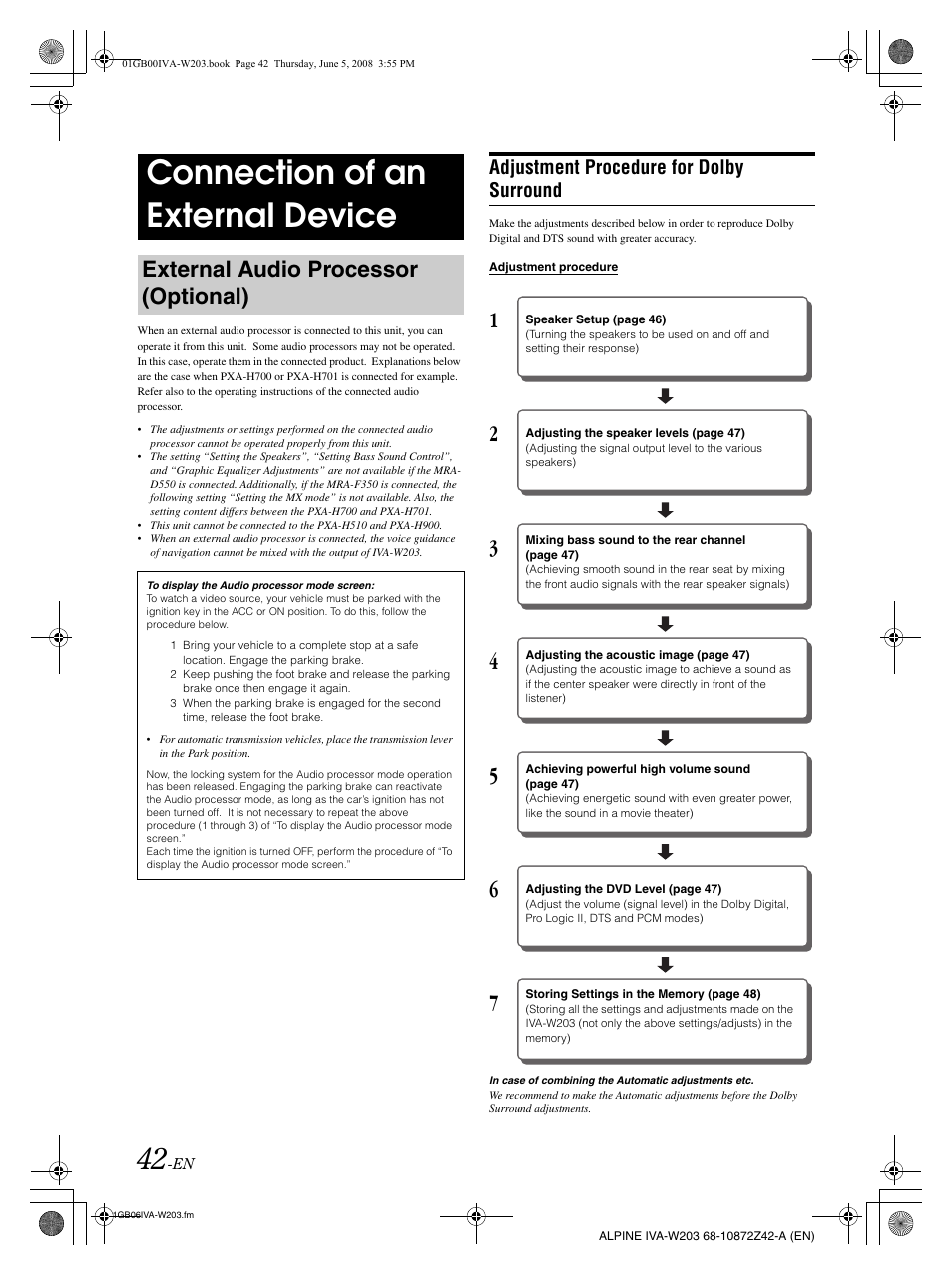 Connection of an external device, External audio processor (optional), Adjustment procedure for dolby surround | Alpine IVA-W203 User Manual | Page 44 / 240