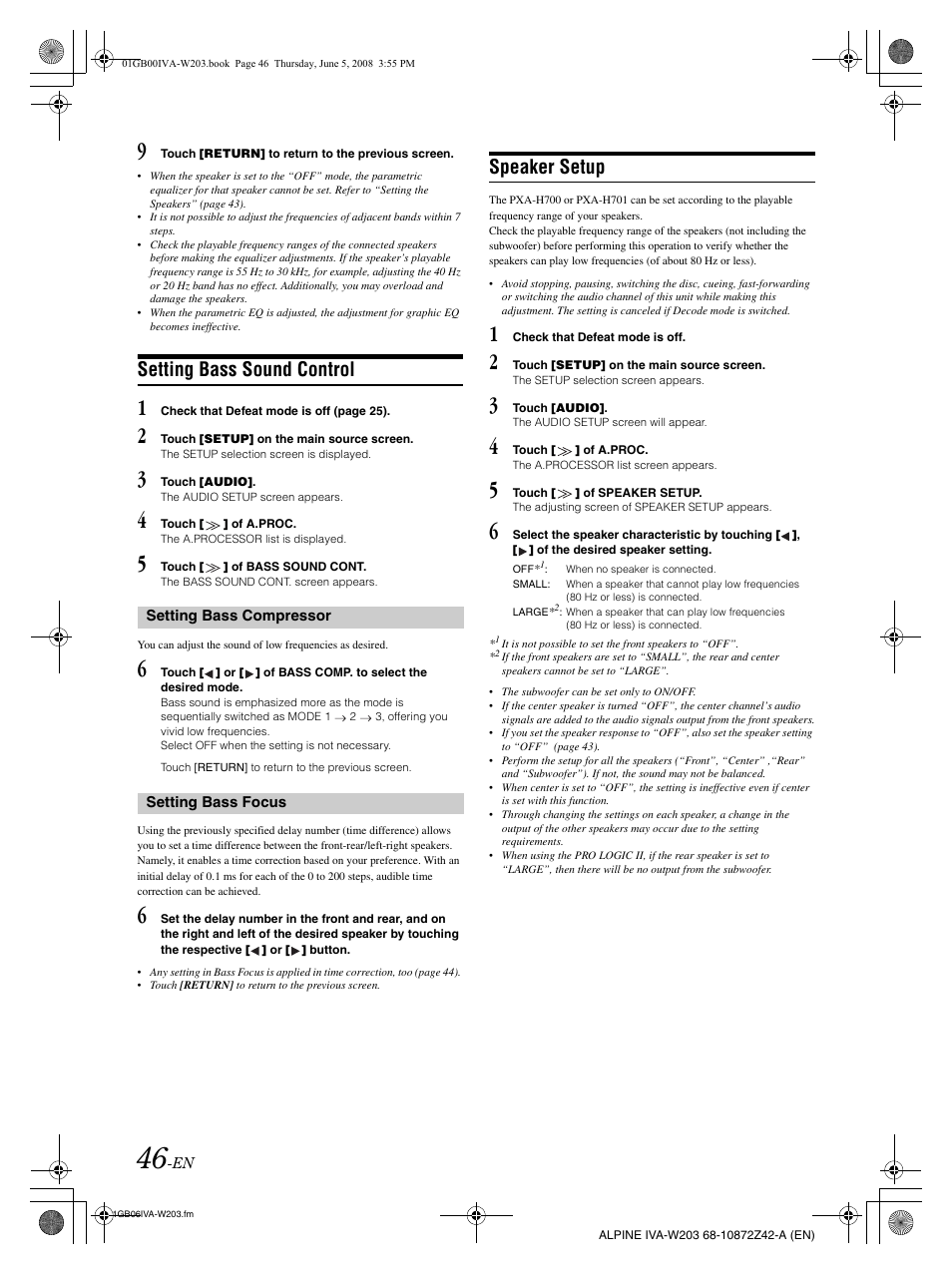 Setting bass sound control, Speaker setup | Alpine IVA-W203 User Manual | Page 48 / 240