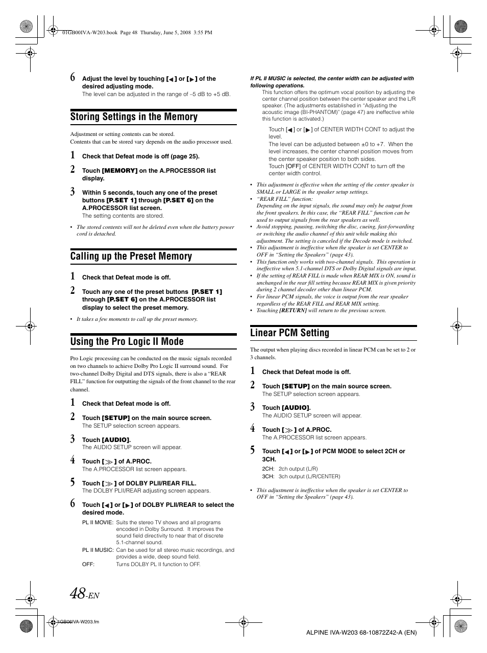 Using the pro logic ii mode, Linear pcm setting | Alpine IVA-W203 User Manual | Page 50 / 240