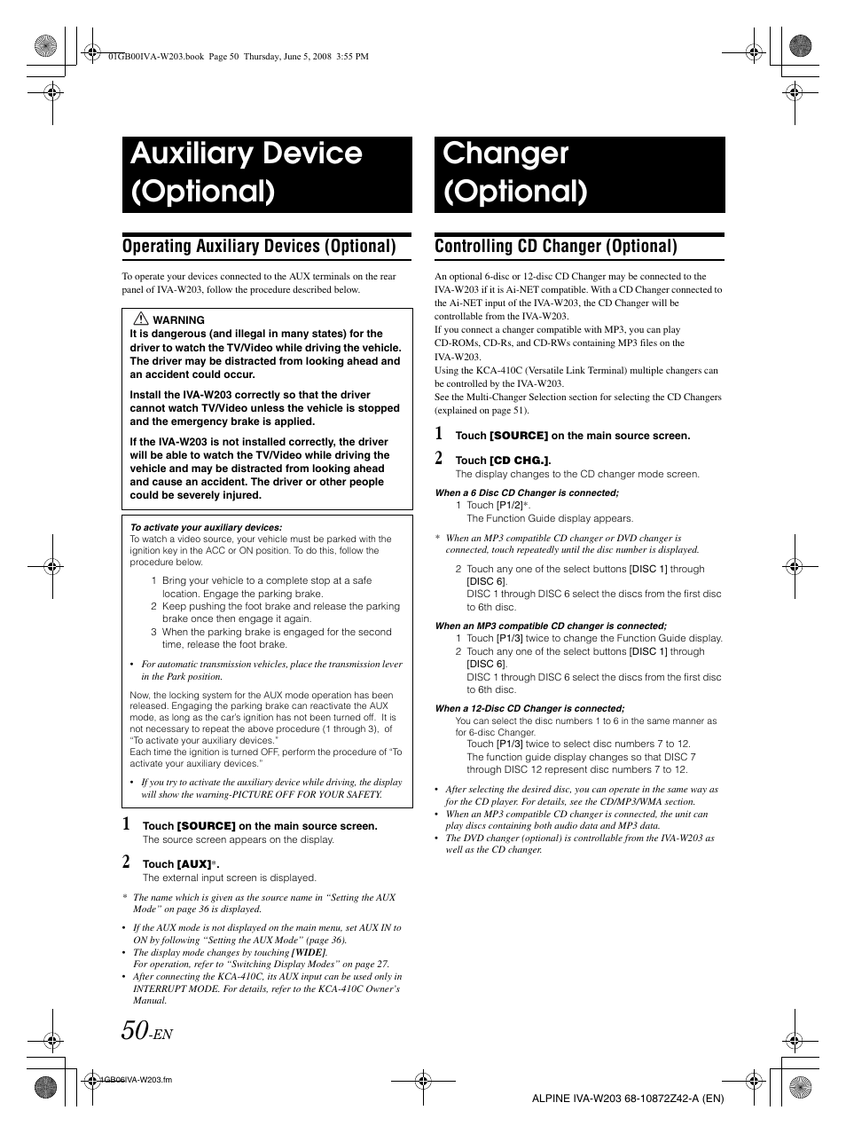 Auxiliary device (optional), Changer (optional), Operating auxiliary devices (optional) | Controlling cd changer (optional) | Alpine IVA-W203 User Manual | Page 52 / 240