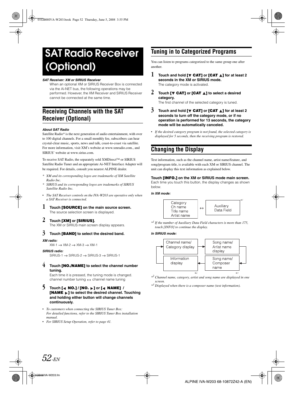 Sat radio receiver (optional), Tuning in to categorized programs, Changing the display | Alpine IVA-W203 User Manual | Page 54 / 240