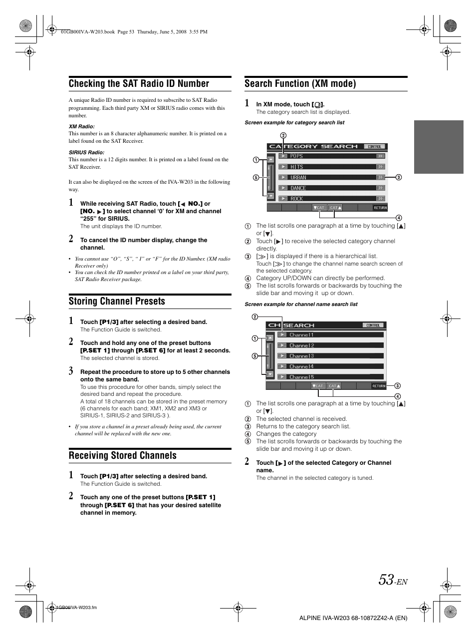 Checking the sat radio id number, Storing channel presets, Receiving stored channels | Search function (xm mode) | Alpine IVA-W203 User Manual | Page 55 / 240